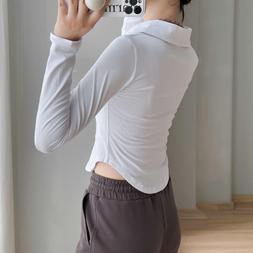 Women's Black Pure Cotton Polo Collar Long-Sleeve Slim-Fit T-Shirt, Curved Hem, Versatile Spring/Autumn Style.