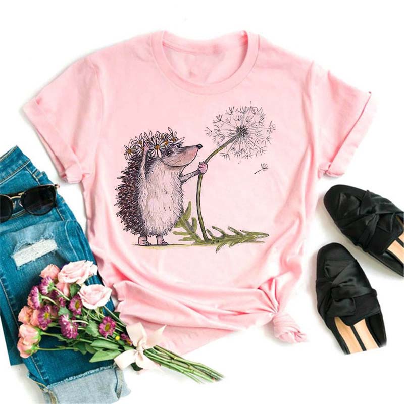 Pink Women Tshirts Casual Cute Cartoon Hedgehog Floral Graphic Print Female Tee Tops Harajuku Fashion Short Sleeve T Shirt Femme