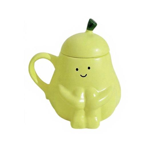 

Yousheng Pear Shaped Ceramic Mug with Lid Cute Funny Coffee Tea Cup with Smiling Face 450ml Comfortable Handle Drinkware Gift for Birthday Home Decor жовтий