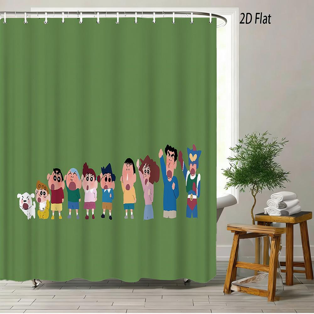 Crayon Shin-Chan Running & Cheering On Mountain Top 2D Print Waterproof Shower Curtain, Minimalist Blue Sky Bathroom Decor With