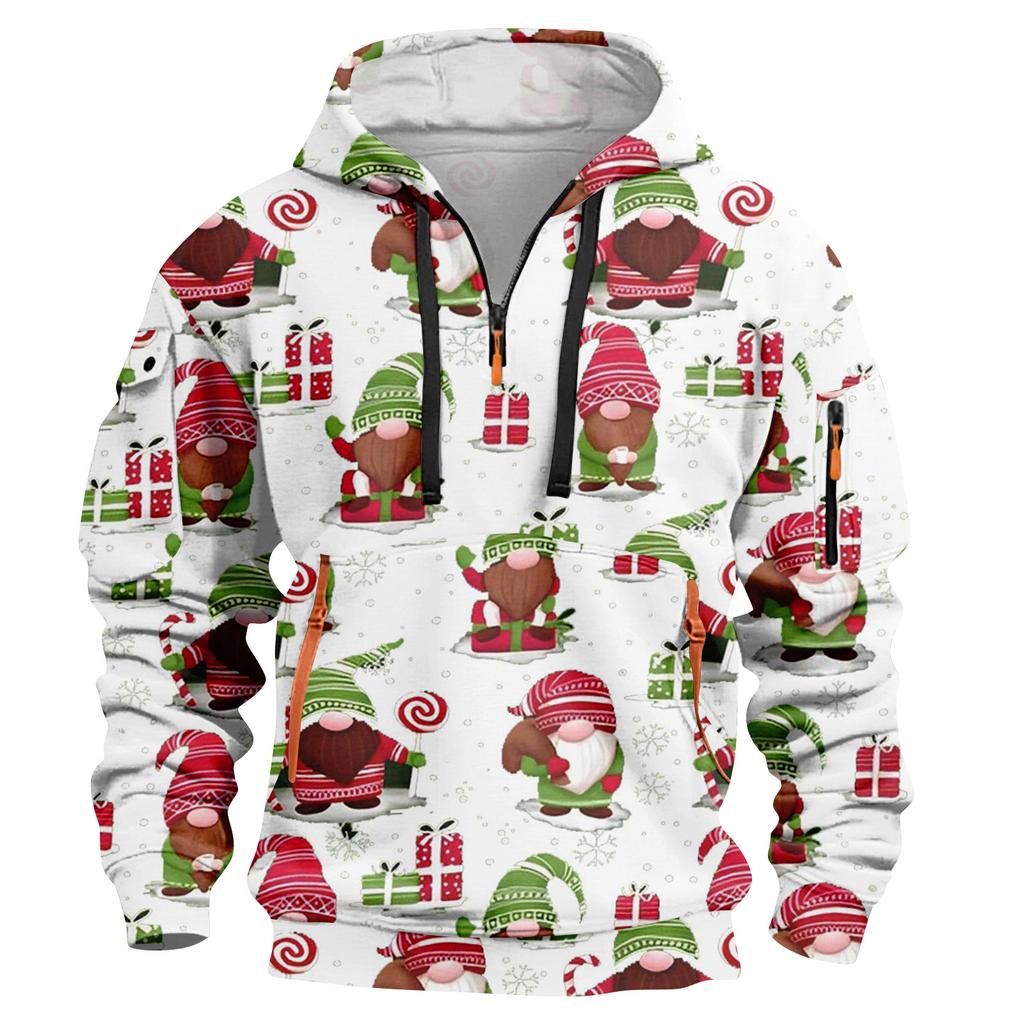 Men's Christmas Print Hooded Half-Zip Casual Sports Sweatshirt