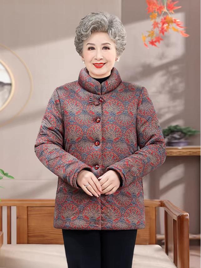 Warm, Thickened Stand Collar Jacket with Fleece Lining for Elderly Women (70-80 years), Cotton Padded for Cold-Proof Comfort.