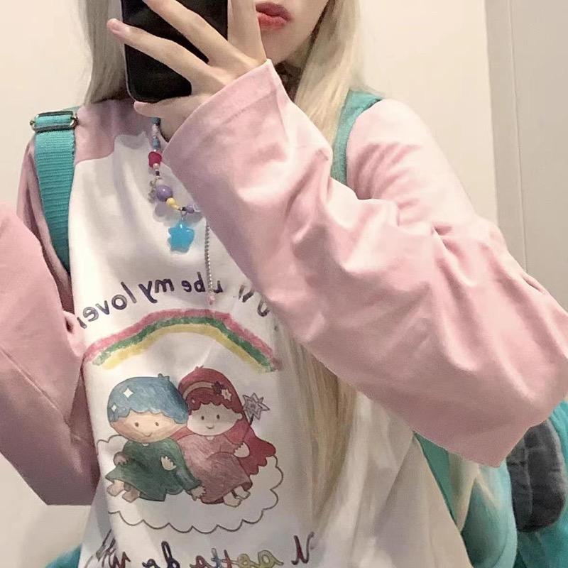 T-Shirt Long Sleeves Clothes Women Cute Cartoon Rainbow Print Long Sleeve T-Shirt Y2k Loose Casual Contrast Girls Tee Tops