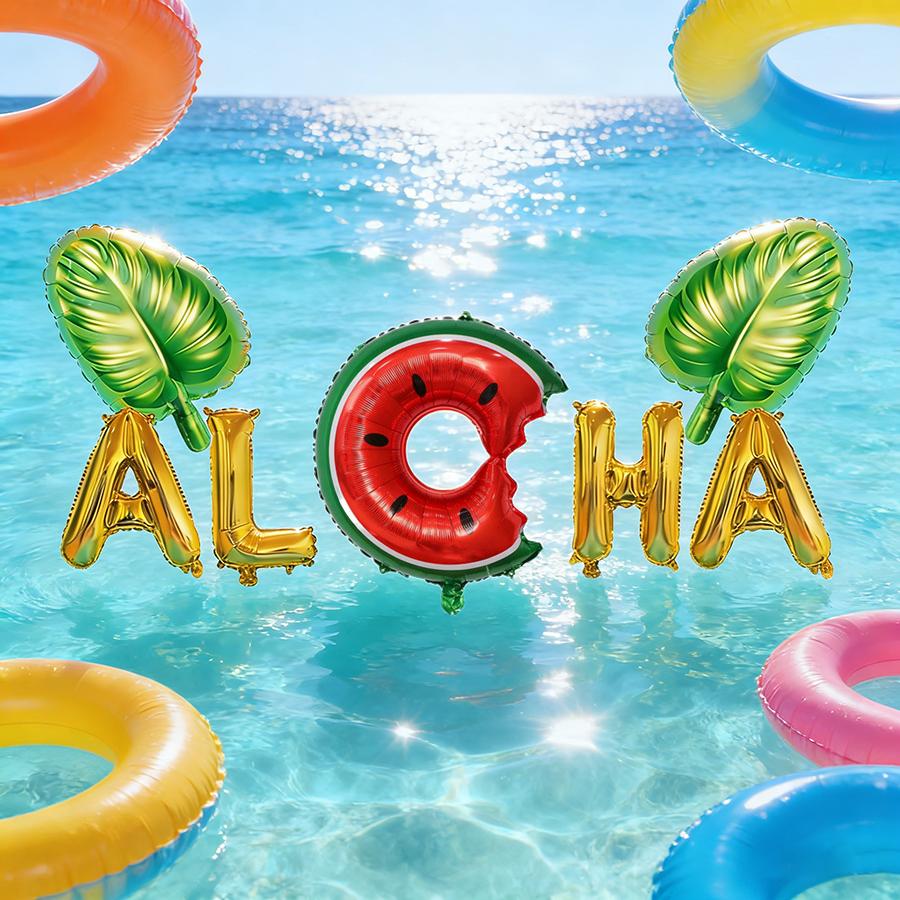 Hawaii-Party-Ballonset in Farben von Palmenblatt, Ananas und Buchstaben. Für Sommerversammlungen, Geburtstagszimmerdekoration