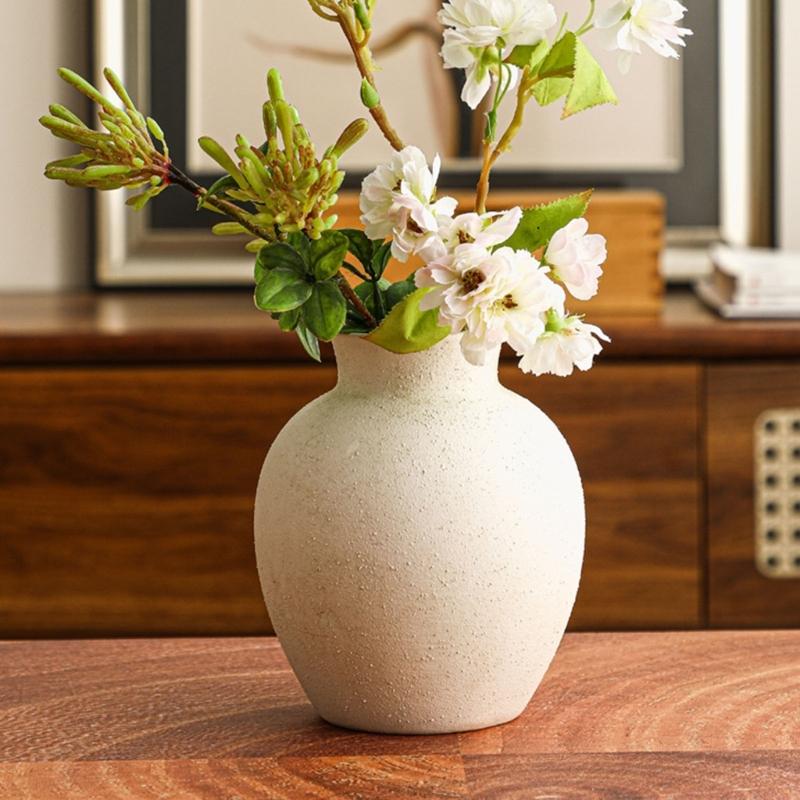 Farmhouse Ceramic Flower Vases with Rounded Bottle Shape and Matte Distressed Texture for Living Room Table, Shelf, Decors