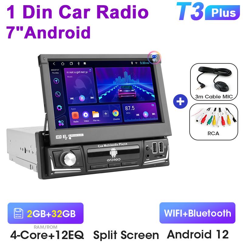 1 Din 7" Universal Car Radio Retractable Touch Screen Android 12 Multimedia Video Player Navigation GPS 4G Wireless Carplay Auto