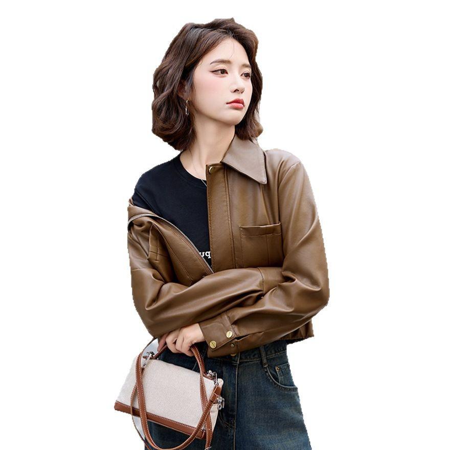 Khaki Leather Jacket Women's Spring and Autumn New Small Short Motorcycle Jacket Top