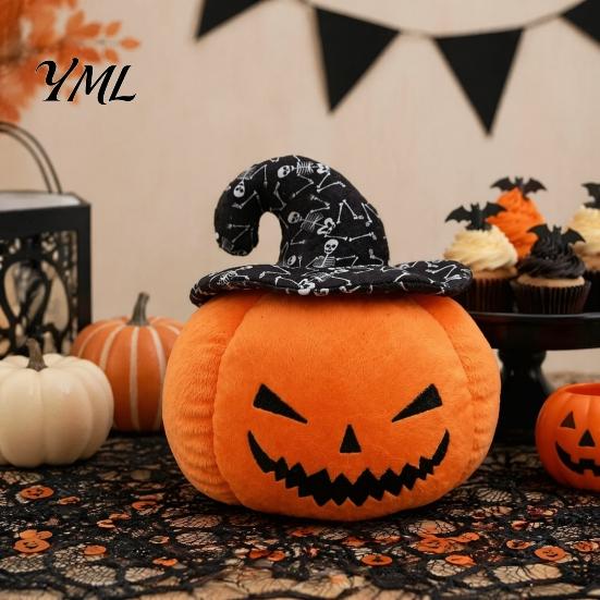 Creative Halloween Holiday Gift Pumpkin Plush Toy, Cute Wizard Hat Stuffed Animal Pillow for Smiling Plushie Sofa Bed, Spooky Home Decor Ornament