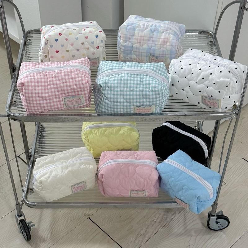 Kawaii Stepp Damen Kosmetiktasche Große Kapazität Reise Kulturtasche Reißverschluss Make-up Aufbewahrungstasche Karierte Münzbörse