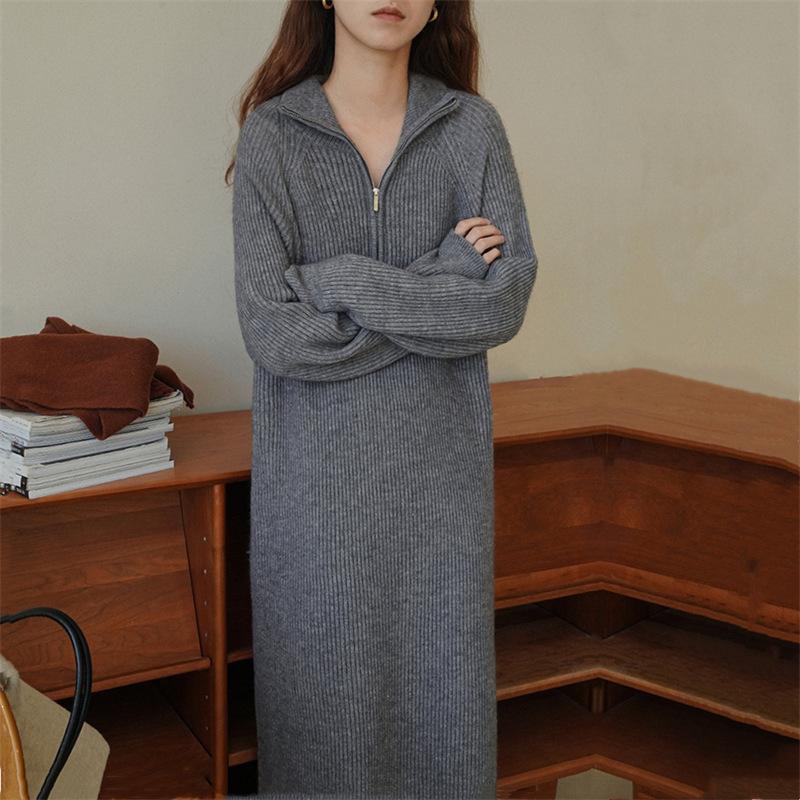 Over-knee Medium and Long Lapel Sweater Skirt Women's Autumn and Winter Loose and Lazy Inner Backing Knitted Dress Knitted Splicing