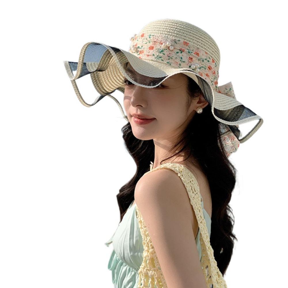 Bowknot Wide Brim Sun Hat Breathable Fisherman Sunshade Cap Fashion Lace Streamers Straw Hat  Girls
