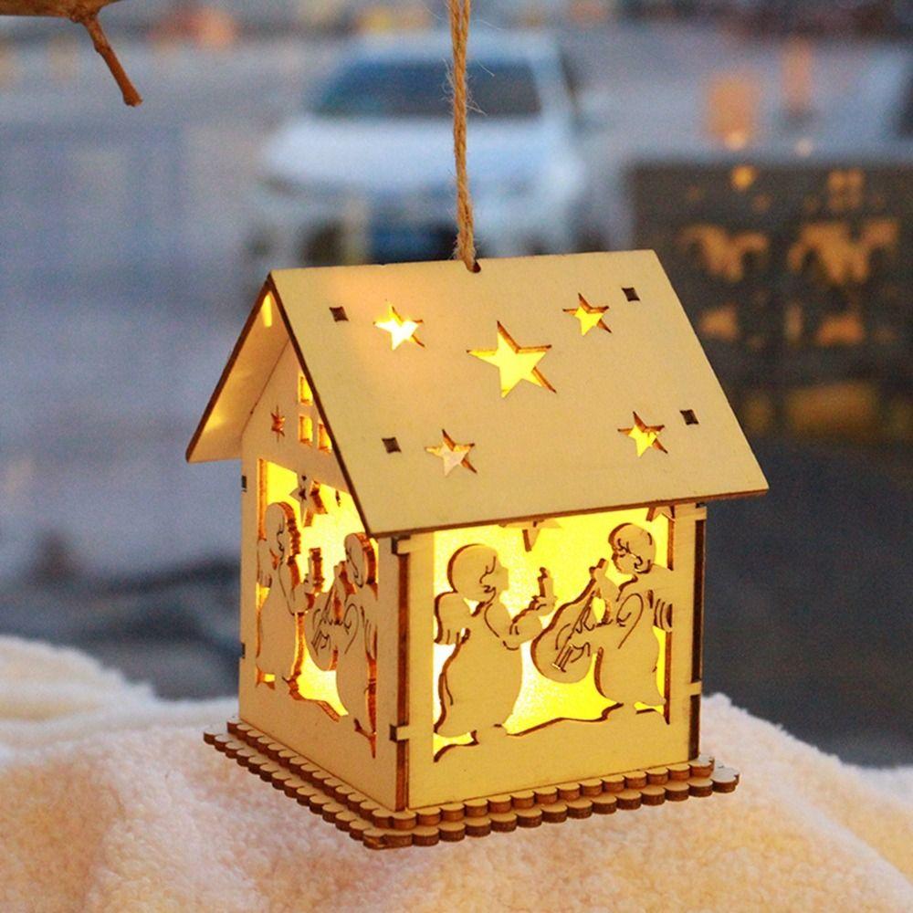 

Hanging Hole Design Pentagram Room Lamp LED Christmas Wooden Pendants Desk Topper