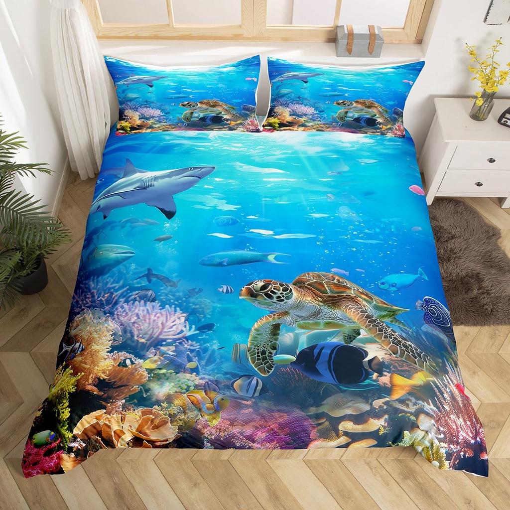 Erosebridal Mermaid Tail Bedding Set,Nautical Sea Animal Duvet Cover Twin Size for Kids Child,Fish Scale Sparkle Sequins Comforter Cover Oce