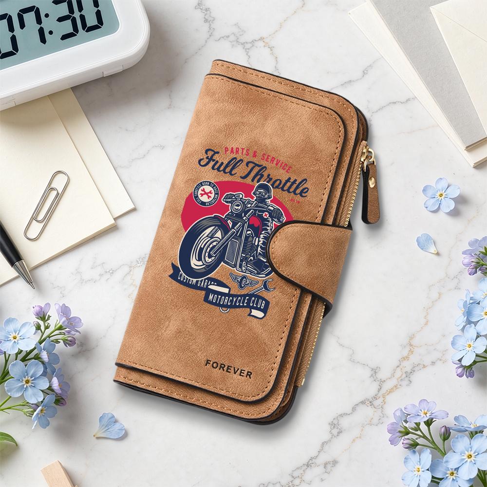 Vintage Motorcycle Print Long Wallet Multi Slot Card Holder Slim Purse for Mens Biker Daily Use
