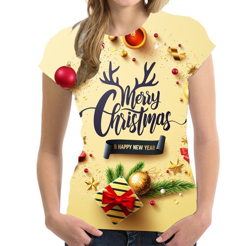 Summer Round Neck 3D Christmas Print Top Fashionable Casual Short Sleeved Women's T-shirts