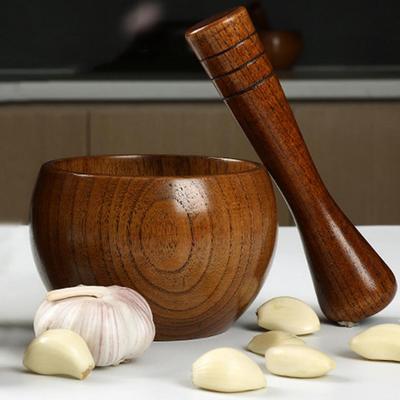 Dövülmüş Sarımsak Kavanoz Harç Eski Moda Ahşap Öğütücü Yuvarlak Pürüzsüz El Cilalı Pestle Seti Öğütme Otlar Baharat Taneler Biber