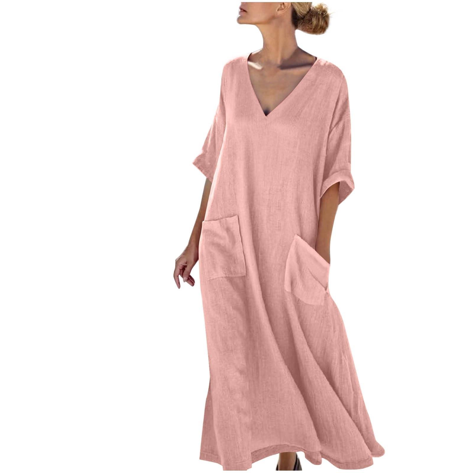 

Women s 3/4 Sleeve Dresses - Vintage Loose V Neck Flowy Casual A-Line Dress With Pockets XL рожевий