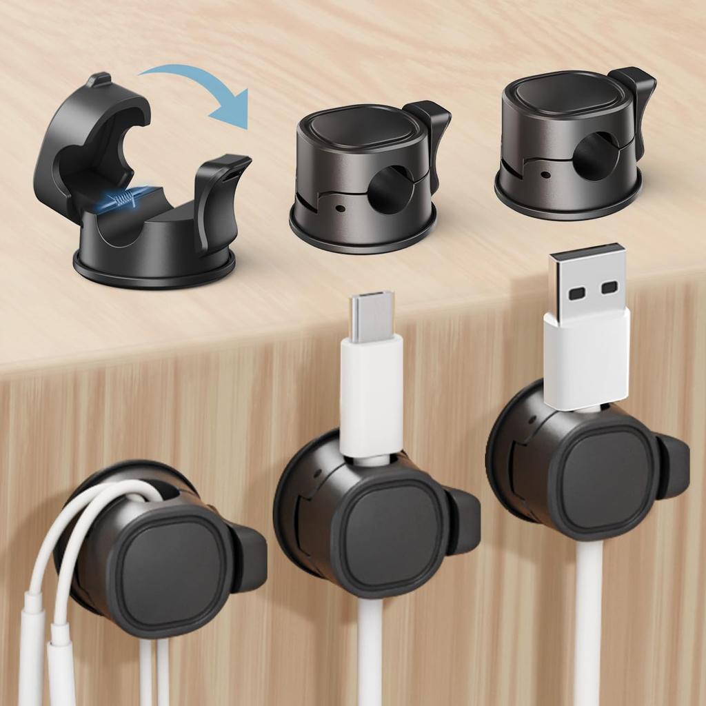 Lasocy Cable Holder, Set of 6, Spring-Loaded Cable Clips, 360° Rotation, Smooth Adjustment, Cord Holder for Desk, Wire Management, Strong Adhesive,