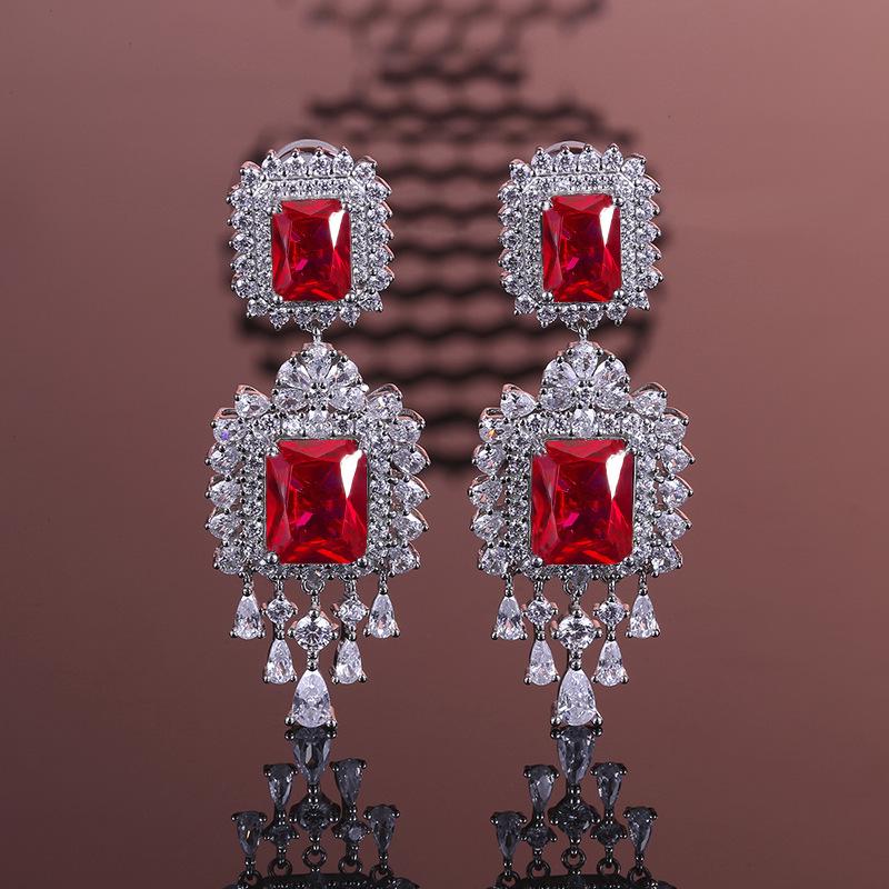 Luxury Heavywork S925 Sterling Silver Emerald & Ruby Tassel Stud Earrings S925 Silver
