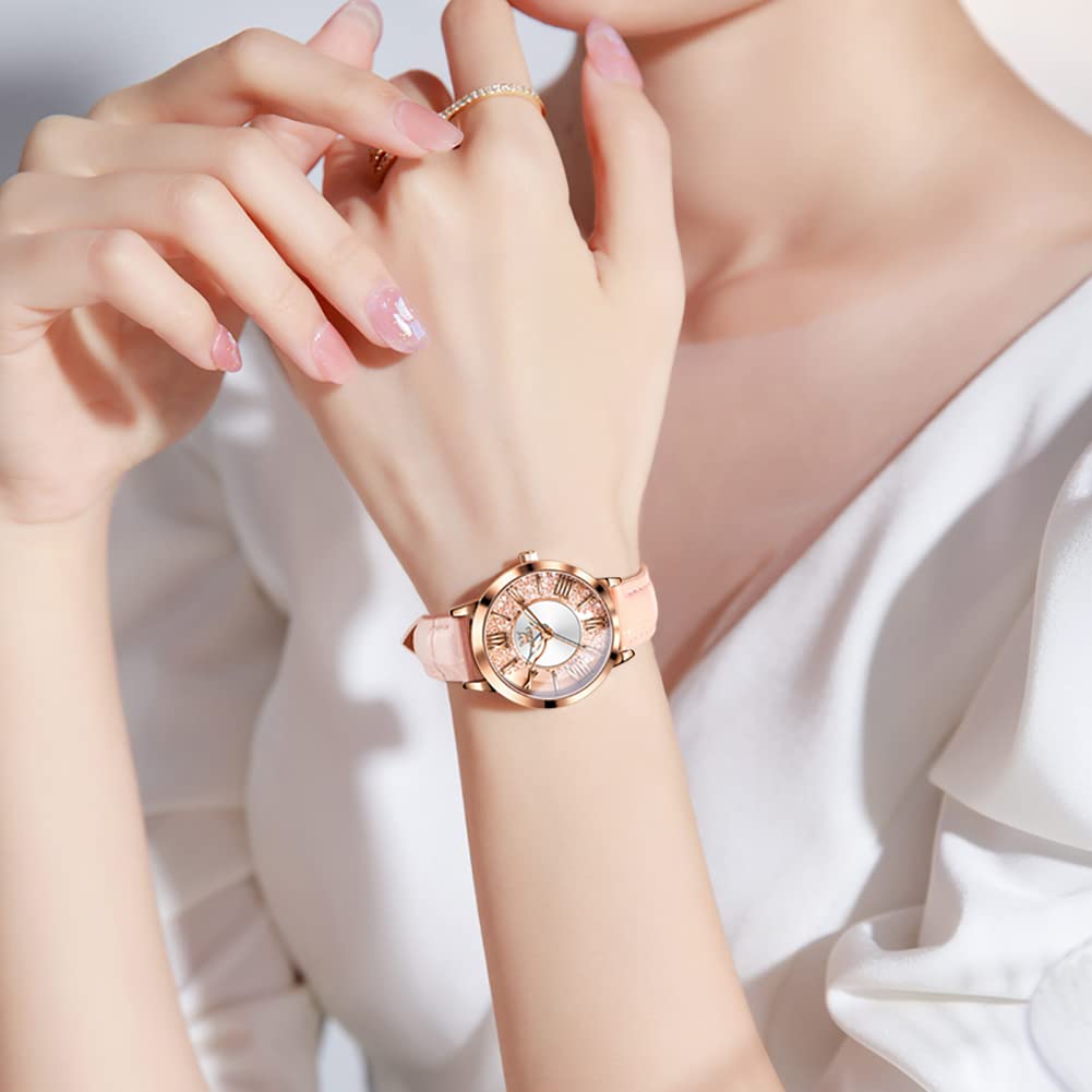 OLEVS Watch Popular Quartz Arm Watch Ladies Glitter Dial Diamond Quicksand Waterproof Luminous Present Day Watch for Women Pink Women's Mother's