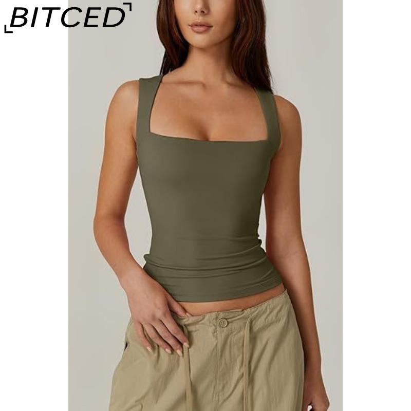 BITCED Women's Summer Square Neck Sleeveless Double-Layer Tank Top Basic Fitted T-Shirt