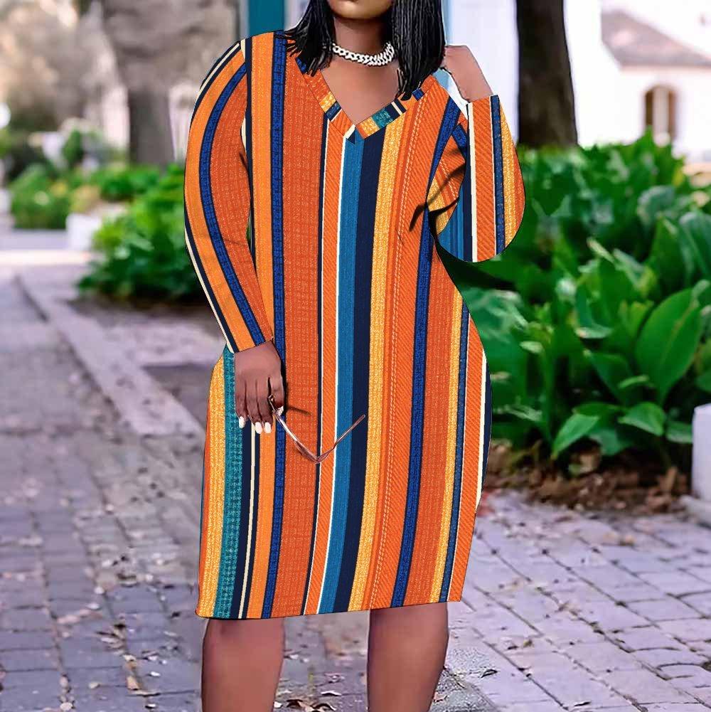 Women Plus Size V Neck Long Sleeve Printed Polka Dot Straight Dress