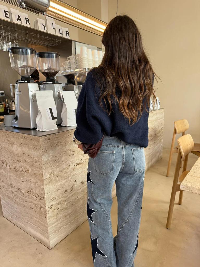 Women's New Fashion Casual Five-Point Star Loose Straight Jeans Pants 