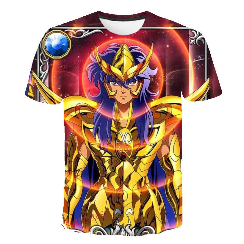 Verão Cavaleiro de Ouro Novo 3D Estampa Harajuku HD Masculino Gola Redonda Manga Curta Moda Infantil Camiseta Desenho Animado Top Casual