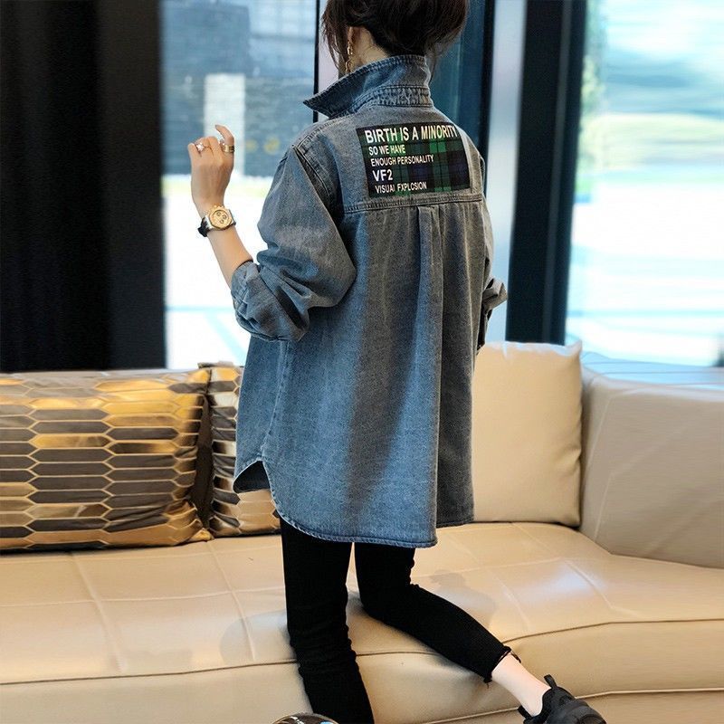 Vintage Blue Denim Shirt Women Loose Fit Korean Style Casual Stand Collar Blouse Spring Autumn Fashion