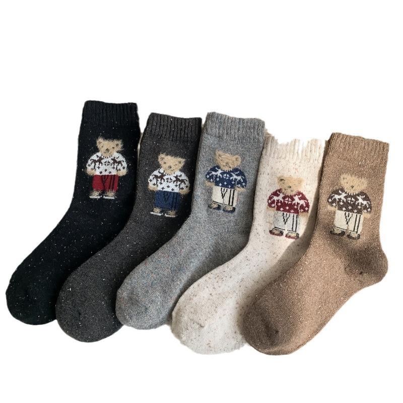 Thick Wool Mid-calf Socks for Autumn and Winter, Retro Dot Yarn, Fluffy Little Bear Long Socks, Warm and Cute Cartoon Trendy Socks