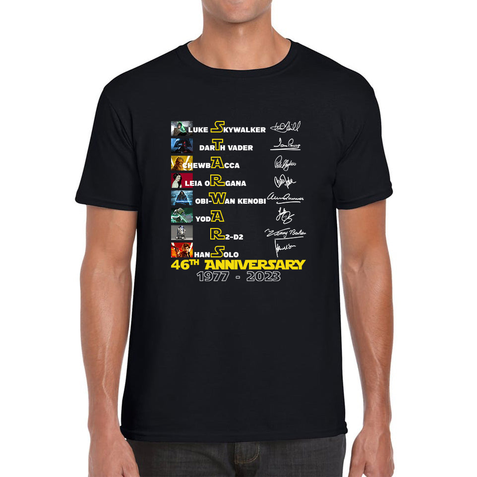 Star Wars 46th Anniversary 1977-2023 All Characters Signatures Disney Star Wars Day Anniversary Mens Tee Top 2XL