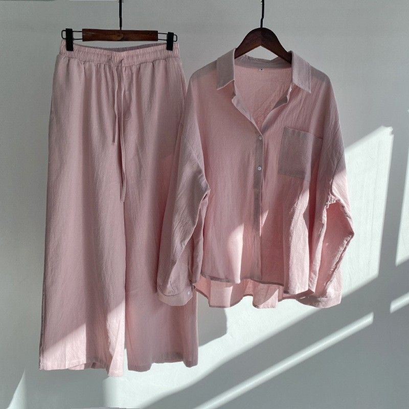 

Casual Two-Piece Suit plus Size S-5XL Shirt High Waist Loose Pants Suit Two-Piece Set Pink XL