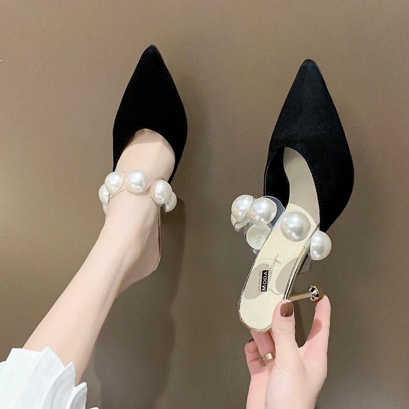 Pointed Toe Sandals Heeled Slides Black Woman Mules Slippers Sexy Shoes for Women Korea Style Unique On Offer Slip-resistant Non