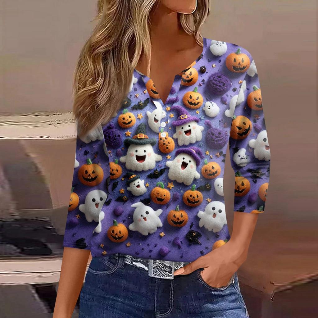 Women's T Shirt Tee Halloween Printed Button 3/4 Sleeve Tunic Daily Weekend Fashion Basic V- Neck Regular Top
