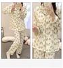 2024 Cute Spring/Autumn Women's Crepe Pajama Set with Chest Pad, Lapel Cardigan, Long-Sleeved Top, and Trousers.