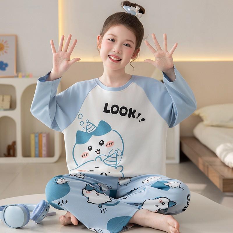 100% Cotton Girls Long Sleeve Pajamas Set Cartoon Print Round Neck Sleepwear Kids 8 Years