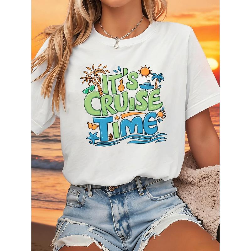 

Graphic Print Plus Size Women s T-shirt, Short Sleeve Crew Neck Casual Top for Summer & Spring, Women s Clothing S белый