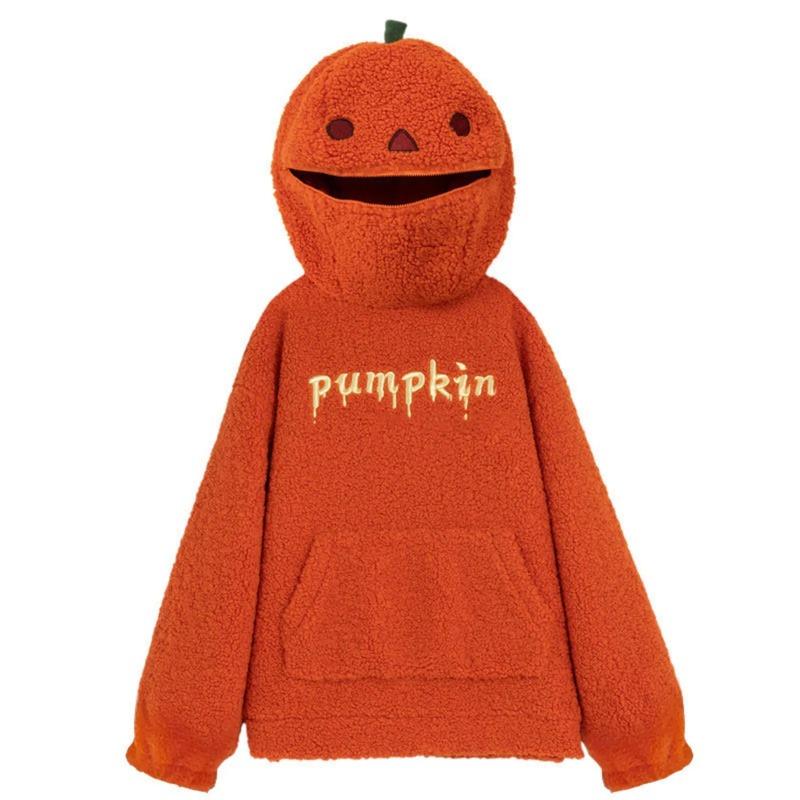 Women Round Neck Lamb Plush Halloween Decorated Hoodie Cute Pumpkin Shaped Embroidery Pellet Fleece Sweatshirt