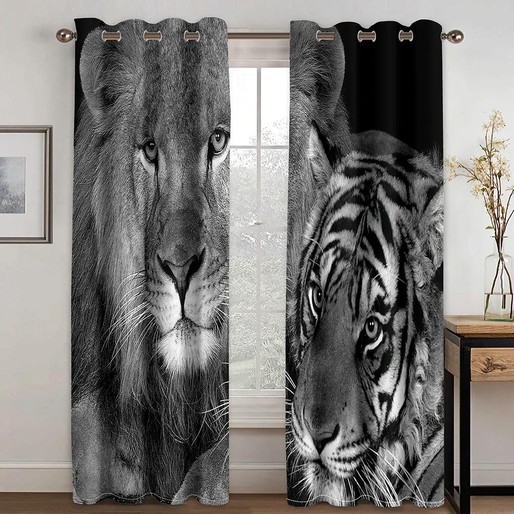 3D Digital Printed Cheap Personalized Animal Lion Tiger Kids Two Slim Windowpane Drapes Drapes for Livingroom Space Bedchamber Decoration 2 Panels