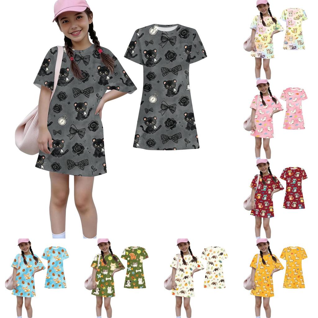 Girls Loose Fit Short Sleeve Dress Lightweight Cotton Animal Print Round Neck Kids Casual Summer Dress for Children