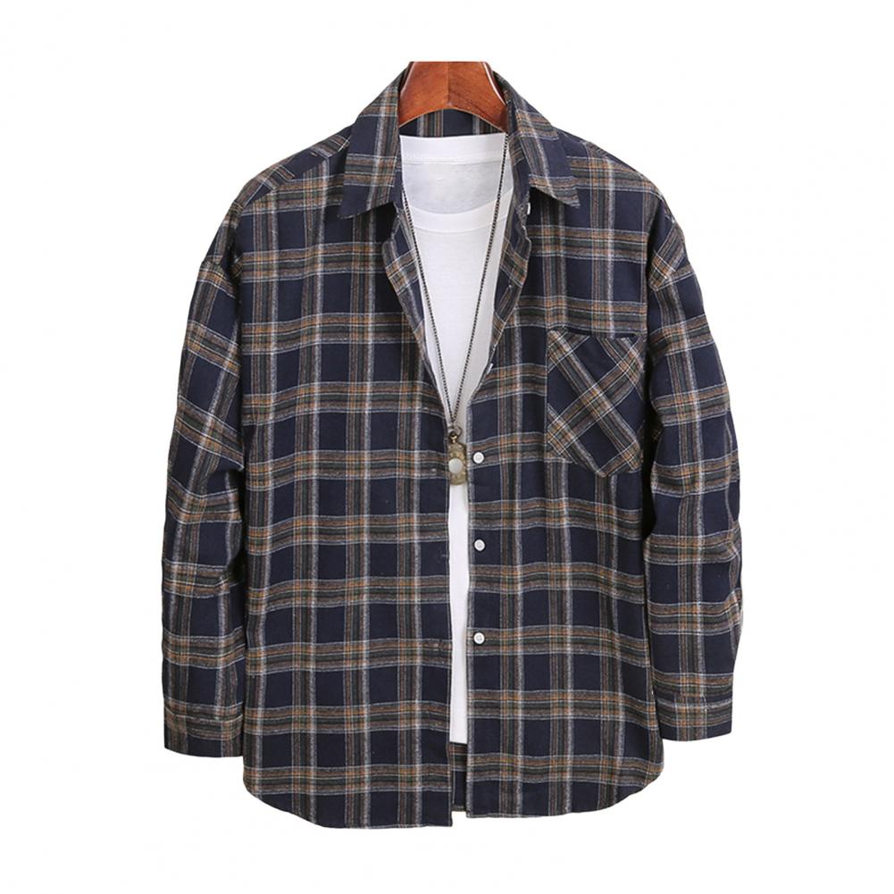 Herre Vår Høst Skjorte Nedslått Krage Enkeltspent Rutete Trykk Langermet Løs Passform Japansk Stil Cardigan Formell Business