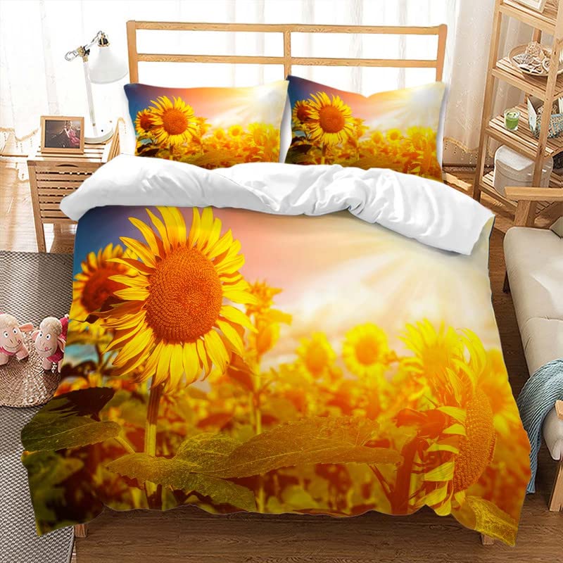 Sonnenblumen Bettwäsche Set für Kinder Mädchen Jungen Schwarz Weiß Kuhfellmuster Bettdeckenbezug Frühling Sommer Floraler Bettbezug