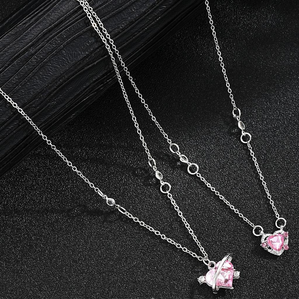 Pink Diamond Heart Necklace - Light Luxury Student Style with Sweet Girlish Charm and Angelic Planet Design