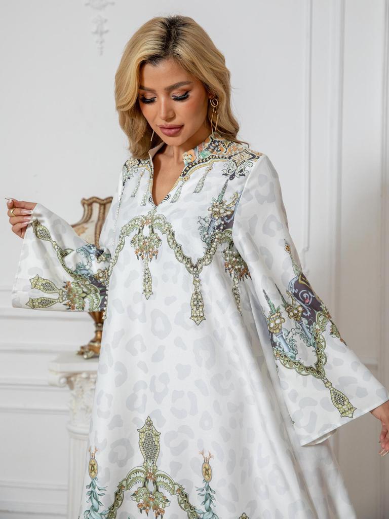 SW1003 Middle Eastern Cross-Border Muslim Women's Beaded Print Long Abaya Dress.