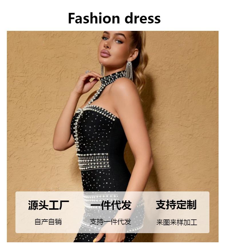 European and American women's clothing heavy industry beads neck tube top small black dress hot diamond slim short party banquet dress skirt