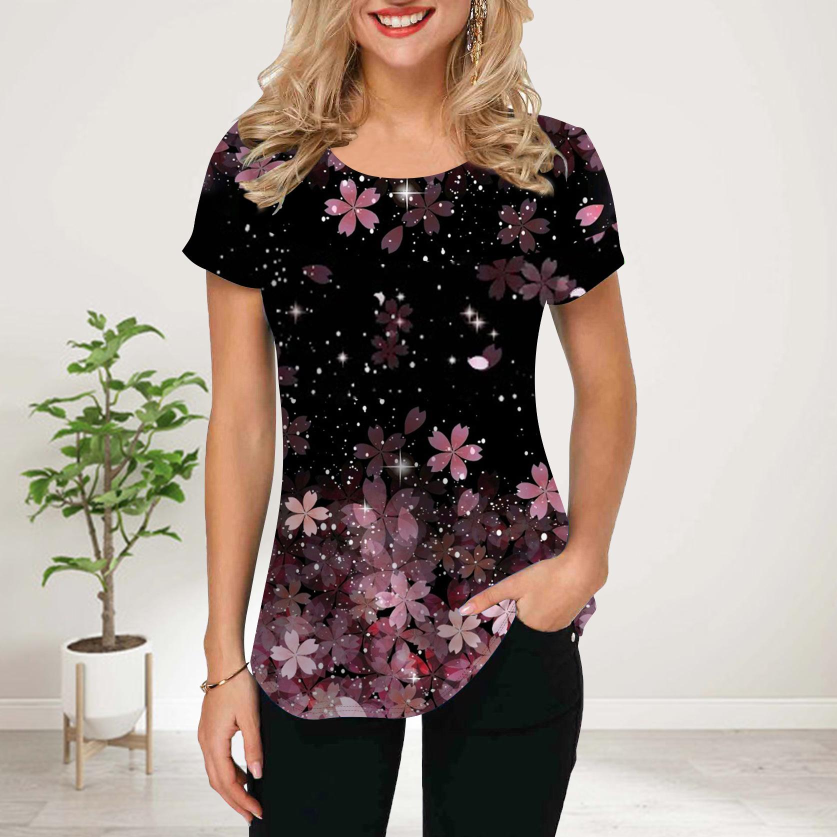 

Женская летняя футболка с синим цветочным принтом, футболки с короткими рукавами, повседневные топы с принтом 8XL розовый