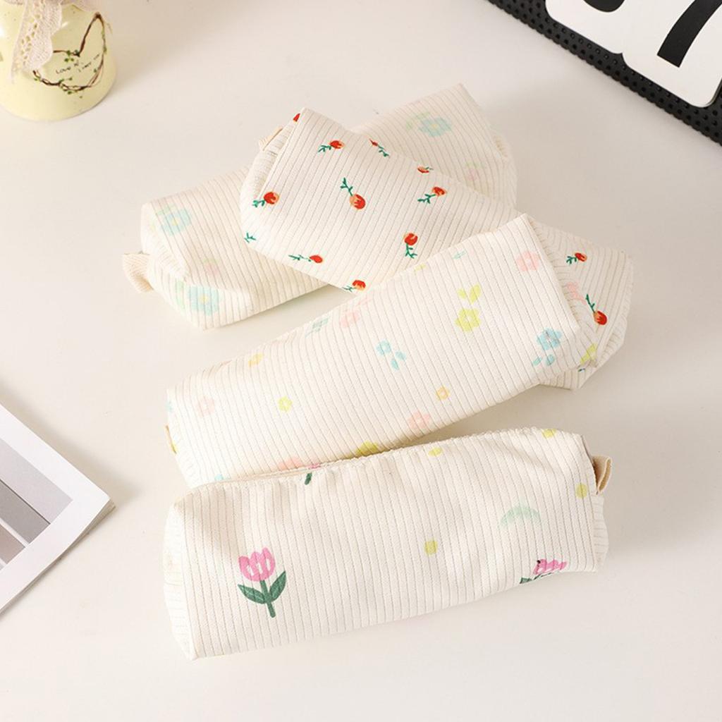Flower Print Pencil Bag Zippered Pen Case Corduroy Pencil Bag Corduroy Pen Pouches Stationery Bag for Student School