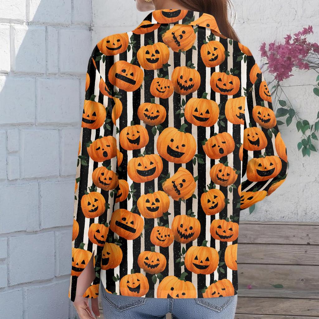 Women Long Sleeve Button Down Shirt Halloween Pumpkin Print Turn Down Collar Casual Fit Blouse Top for Autumn
