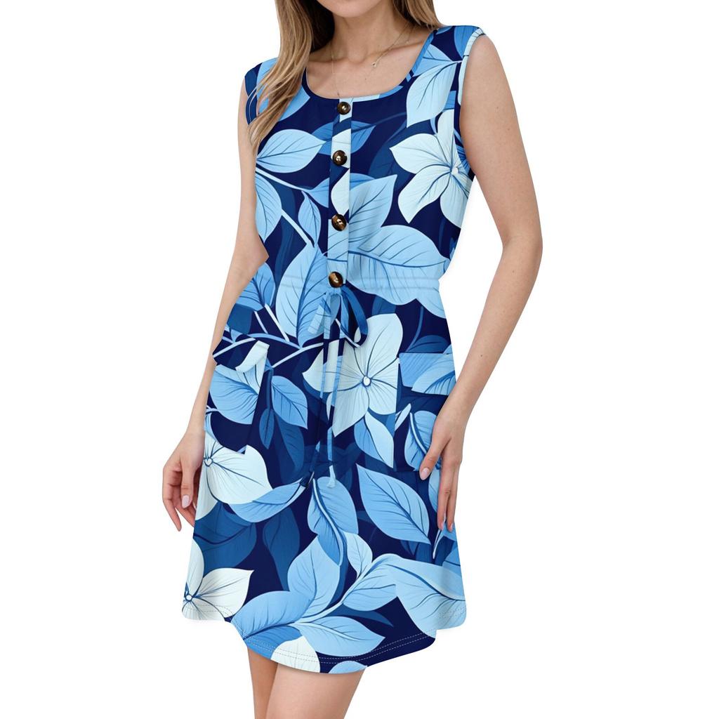 Women's Fashion Sleeveless Round Neck Printed Decorative Button Double Pocket Lace-up Dress