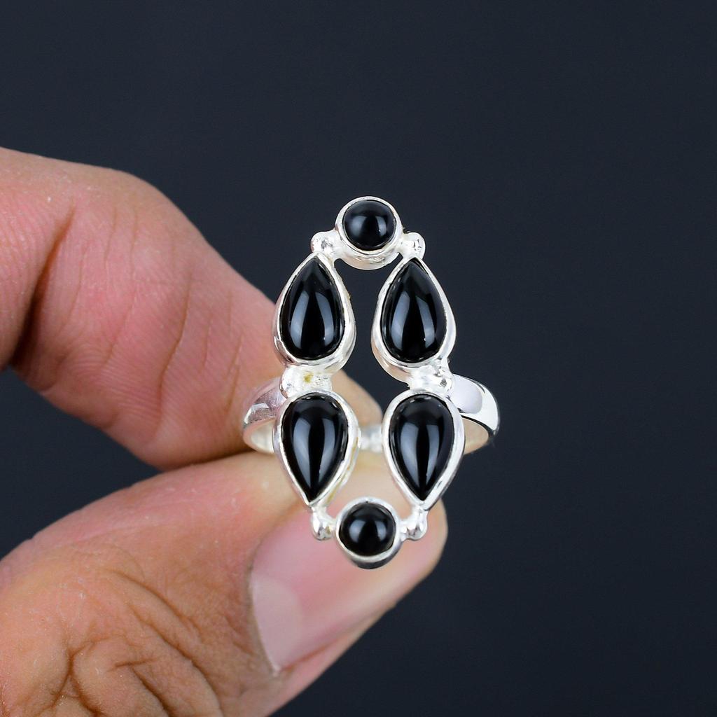 Natural Black Onyx Gemstone 925 Sterling Silver Long Finger Hollow Ring For Women & Girls